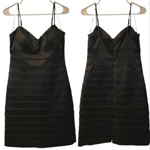 Oleg Cassini Black Satin Sweetheart Beaded Neckline Cocktail Dress LBD Wmn 6